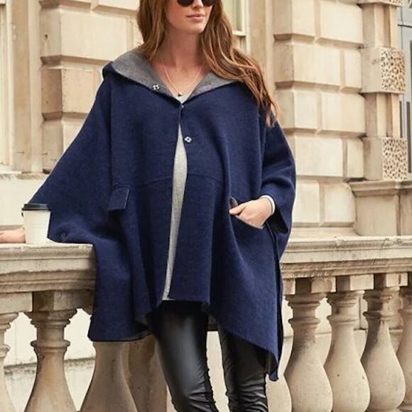 Seraphine Maternity Cape Hooded Double Face Knit Snaps Denim Grey Women's L/XL - Picture 1 of 11